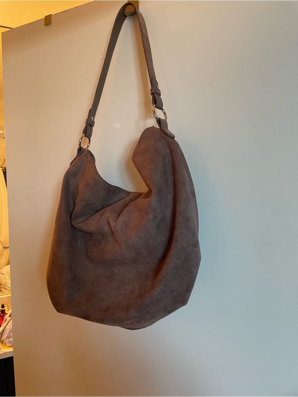 Classic Grey Faux Suede Hobo Shoulder Bag - Unbranded